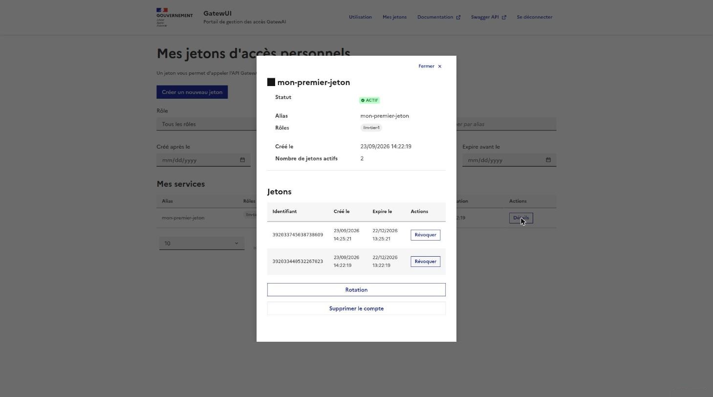 Détails du token après rotation, deux tokens actifs listés séparément